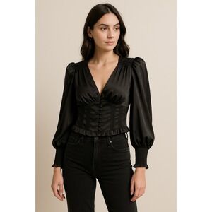 Heartloom Black V Neck Smocked Waist Corset‎ Top Puff Sleeve Button Front Medium